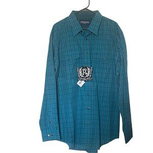Panhandle Mens Teal Plaid Cotton Long Sleeve Western Shirt Size XL NWT